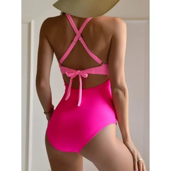 NWT EoMENIE - One Piece Swimsuit Cut Out Swimwear High Waist Monokini - Pink - Picture 5 of 11